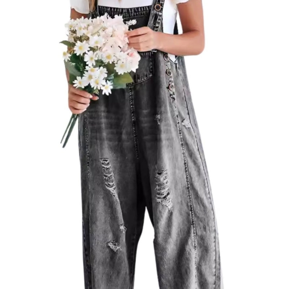 Women's Gray Distressed Denim Overalls Size M New/Unworn